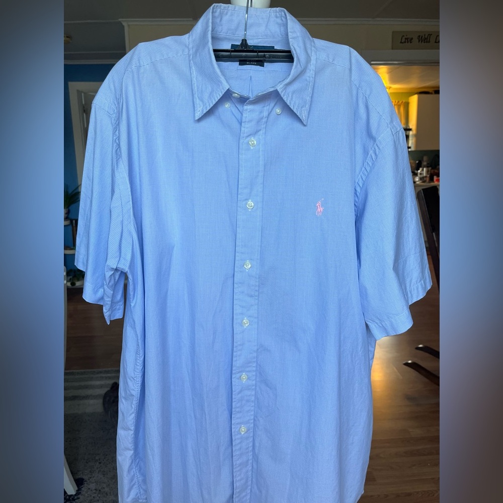 Men’s Ralph Lauren light blue with pink horse, short sleeve, button up shirt